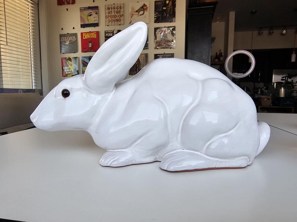 Vintage Earth Needs Glazed Terracotta Bunny Sculpture, White Glaze, Glass Eyes
